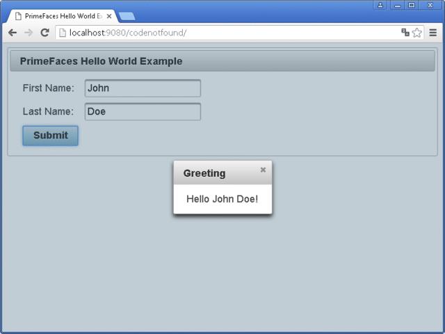 jsf primefaces websphere application server hello world example greeting