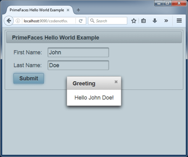 jsf primefaces apache tomcat hello world example greeting