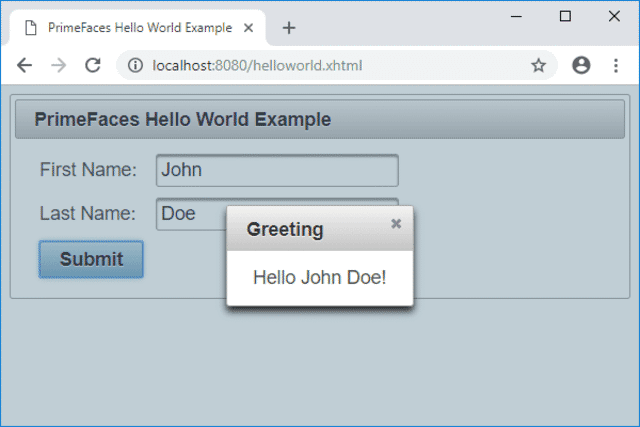 jsf primefaces hello world example greeting