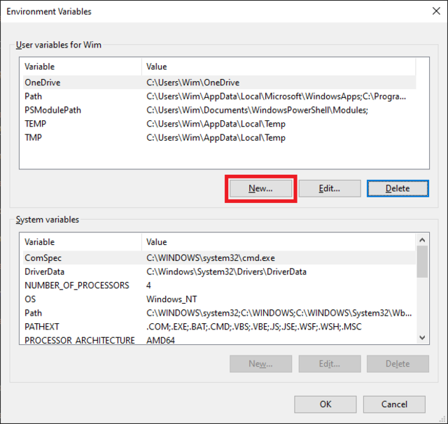 windows environment variables new user variable